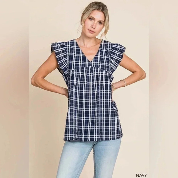 Women’s Navy Ruffle Plaid V Neck Top - Picture 1 of 5